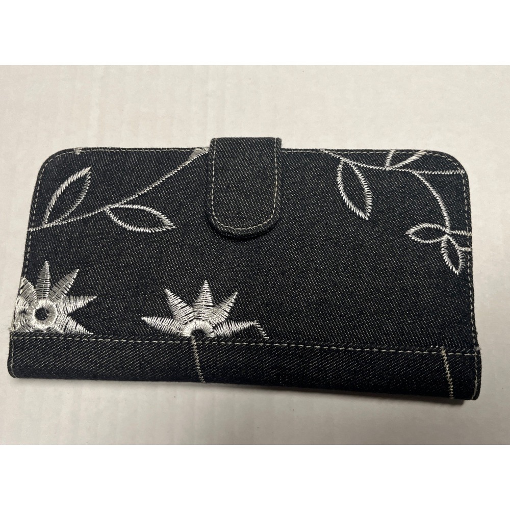 Vintage 90s Y2K Black Denim Embroidered Floral Wallet Checkbook Case Boho